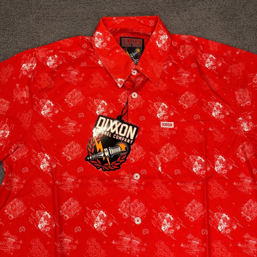Dixxon Flannel Company Shirt‎ Mens Large Red The 350 Engine Print Button Up NWT - Picture 2 of 10
